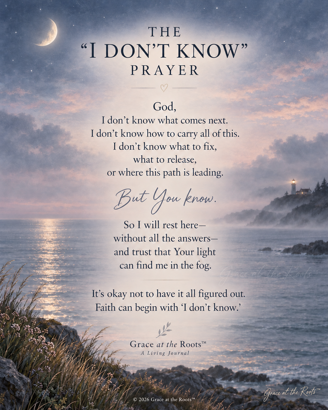 The I Don't Know Prayer over a calm moonlit sea with a distant lighthouse